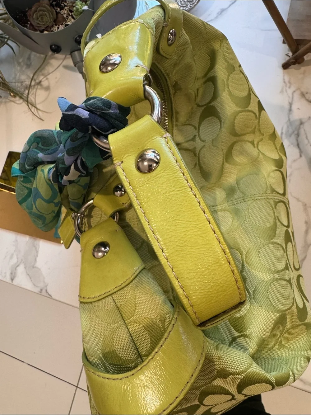 Coach Signature Lime Green Penelope Hobo Jacquard Bag + Scarf & cherries 🍒